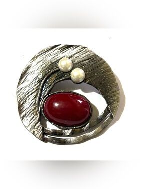 Vintage burgundy Silver-Tone Brooch with Red Cabochon and Pearl Accents